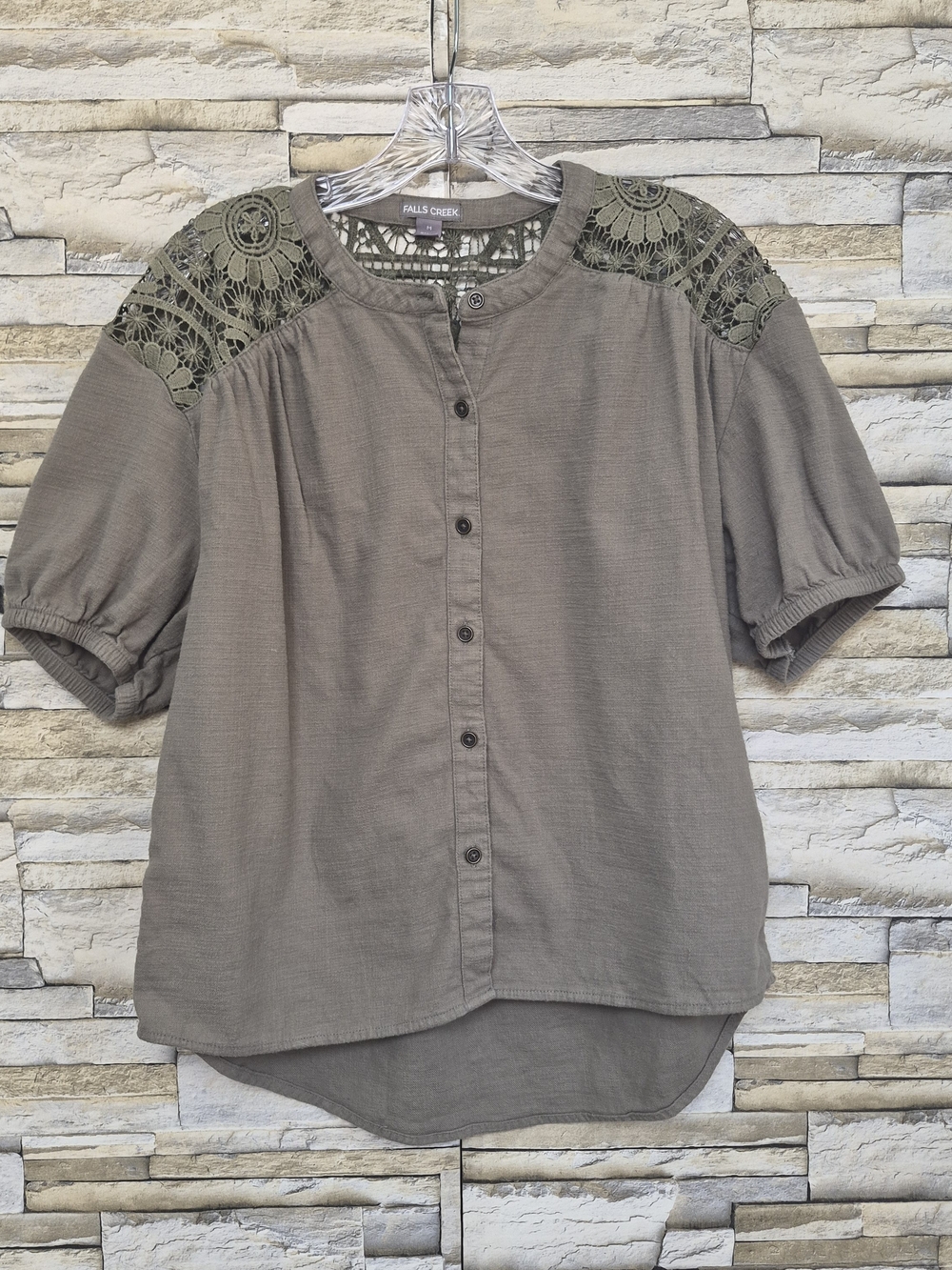 Falls Creek Blouse Women's Size Medium Olive Crochet Boho Cottagecore Casual
